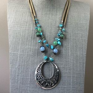 Aqua beaded suede silver tone circle necklace